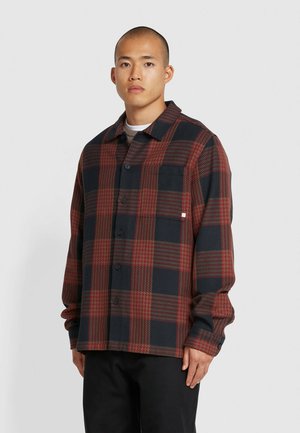 Gestrikte shirt in diep rood en marineblauw, met knoopsluiting aan de voorkant, kraag en lange mouwen met een zak aan de linkerkant. Gelaagd stof.