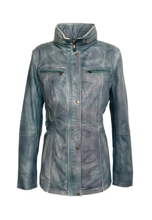 Blauwe leren jas met hoge kraag, ritssluiting aan de voorkant en drukknopen, twee borstzakken met rits en twee zijzakken.