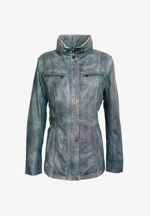 Blauwe leren jas met hoge kraag, ritssluiting aan de voorkant en drukknopen, twee borstzakken met rits en twee zijzakken.