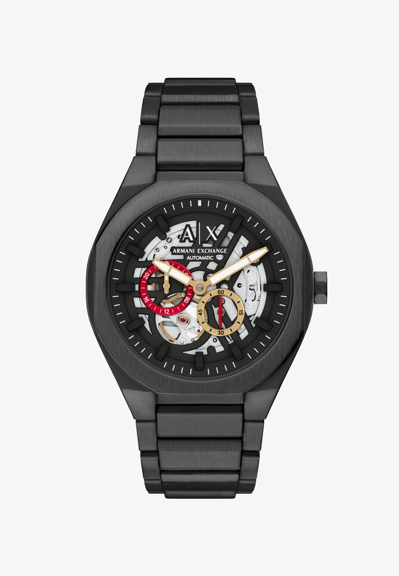 Zwart Armani Exchange automatisch polshorloge met skeletwijzerplaat, gouden en rode subdials, gouden uur- en minutenwijzers en zwarte metalen armband.