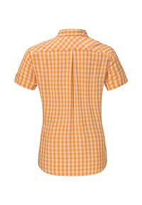 Orange- und weiß karierter Kurzarmhemd mit Kragen, abgerundetem Saum und Rückenfalte für mehr Bewegungsfreiheit.