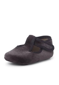 Ballet flat in velluto grigio scuro con punta arrotondata, fascia elastica e morbida imbottitura; presenta una trama liscia e un design semplice.