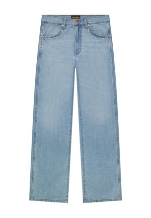 Vaaleansiniset leveälahkeiset farkut, joissa on viisi taskua, napillinen suljenta, vyölenkit ja Wrangler-logo vyötäröllä.