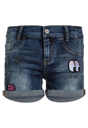 Short en denim bleu foncé avec ourlets roulés, patches palmier et lèvres sur la jambe gauche, yeux et texte "TO YOU" sur la jambe droite.