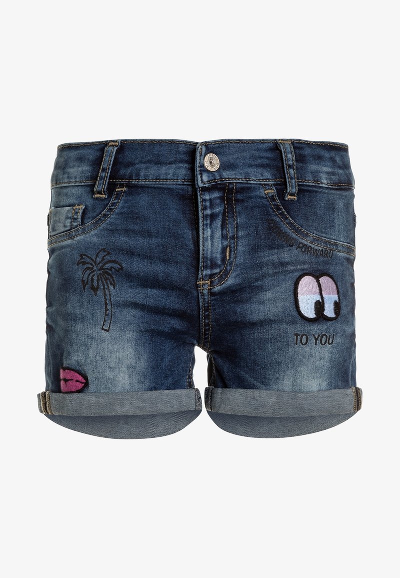 Short en denim bleu foncé avec ourlets roulés, patches palmier et lèvres sur la jambe gauche, yeux et texte "TO YOU" sur la jambe droite.