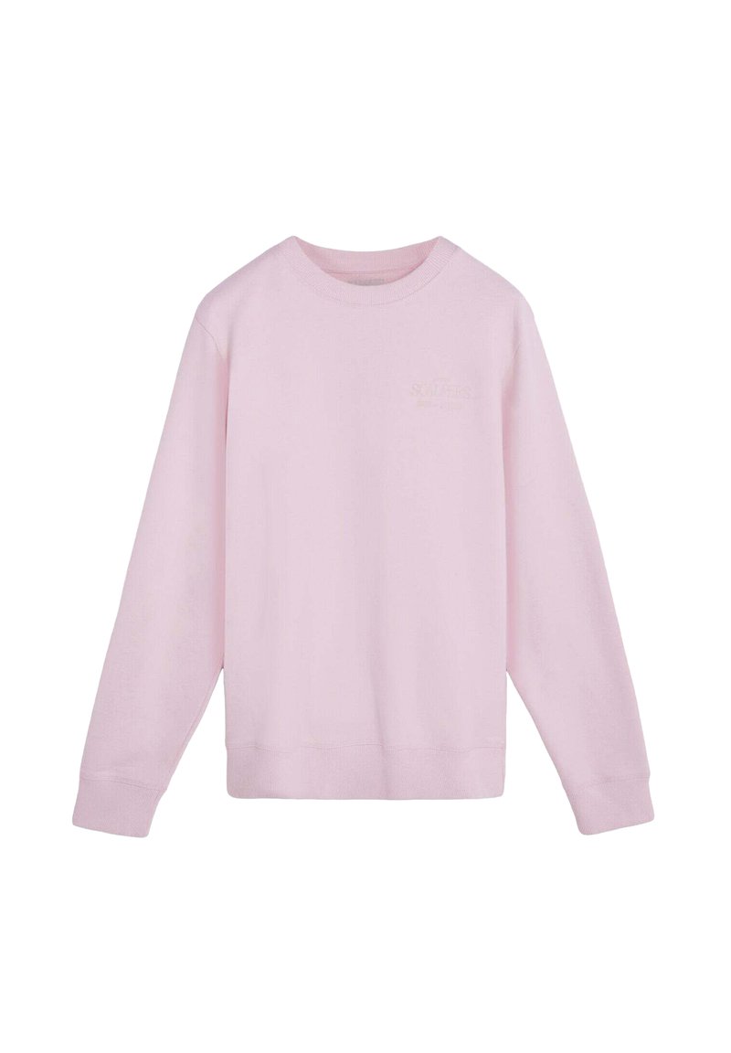 Sudadera rosa de manga larga, con cuello redondo y puños y dobladillo de punto acanalado. Detalle sutil del logo en la parte frontal. Tejido suave y texturizado.
