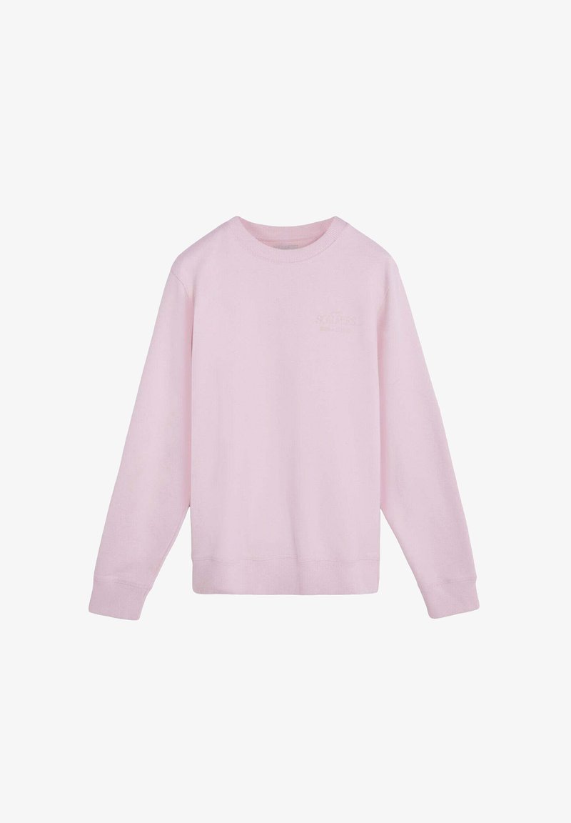 Sudadera rosa de manga larga, con cuello redondo y puños y dobladillo de punto acanalado. Detalle sutil del logo en la parte frontal. Tejido suave y texturizado.