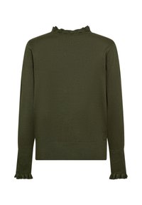Olijfgroen trui met een ribbelstructuur, voorzien van een gerimpelde kraag en manchetten, lange mouwen en een rechte zoom.