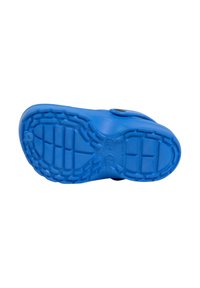 Blue rubber shoe sole with textured tread pattern for grip, rounded edges, and reinforced heel. No visible branding or accents.