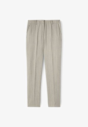 Szare spodni w prążki wykonane z tkaniny o teksturowanym wykończeniu. Posiada guzikowy pas, dwie boczne kieszenie oraz zwężane nogawki.