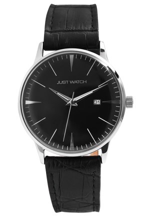 Schwarze analoge Uhr mit silbernen Stundenmarkierungen und Zeigern. Verfügt über ein schwarzes Lederarmband mit strukturiertem Finish und eine Datumsanzeige um 3 Uhr.