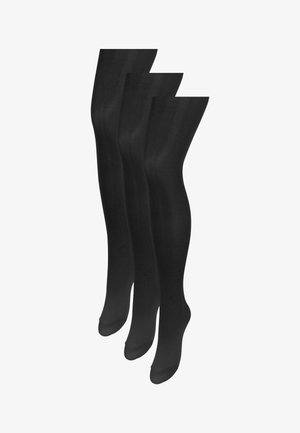 Three pairs of black opaque tights shown upright with feet, smooth fabric and no visible patterns or designs.