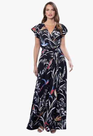 Maxikleid aus schwarzem Stoff mit bunten Blumen- und Vogelmustern. Hat kurze, schwingende Ärmel und eine taillierte Taille für eine schöne Form.