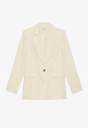 Cremfarbener Blazer mit dünnen vertikalen schwarzen Streifen, Einzelknopfverschluss, Reverskragen und zwei vorderen Taschen.