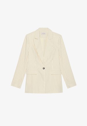 Cremefarvet blazer med tynde lodrette sorte striber, enkelt knappeslutning, notched klapper og to forlommer.