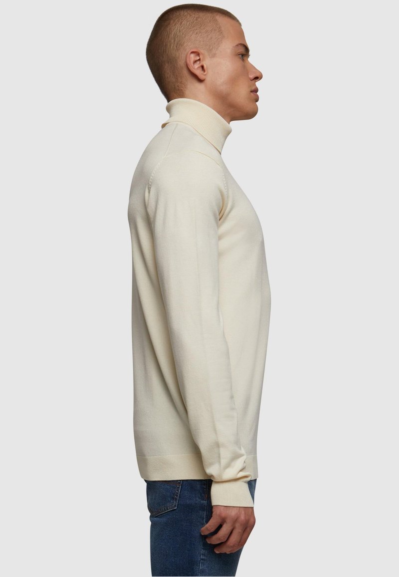 Cremfarbener Rollkragenpullover aus weichem Material mit langen Ärmeln, geripptem Halsausschnitt und Bündchen, getragen mit blauen Jeans, von der Seite betrachtet.