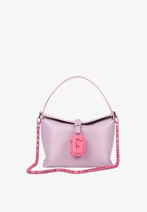 Lavender handbag with a curved handle, pink geometric chain strap, and a large pink "G" charm on the front.