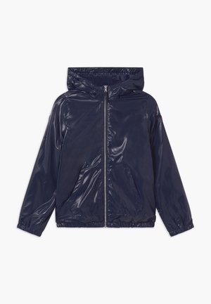 Navyblå blank hættejakke med frontlynlås, elastiske manchetter og to frontlommer.