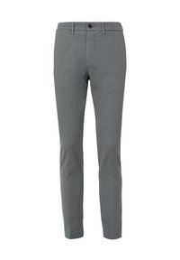 Pantalon gris ajusté pour hommes avec passants pour ceinture et fermeture frontale à boutons, présenté sur un fond blanc.