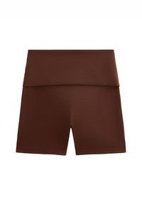 Brown high-waisted athletic shorts made from stretchy fabric, featuring a folded waistband with a smooth texture and no visible patterns or hardware.