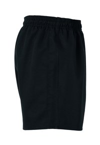 Zwarte sportieve shorts met een elastische tailleband, gemaakt van een gladde stof, met een relaxte pasvorm en zonder zichtbare zakken of logo's.