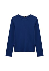 Langsleeve marineblauwe shirt van een katoenmix, met een ronde halslijn, rechte zoom en een gladde, effen textuur.