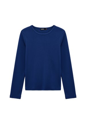 Langsleeve marineblauwe shirt van een katoenmix, met een ronde halslijn, rechte zoom en een gladde, effen textuur.