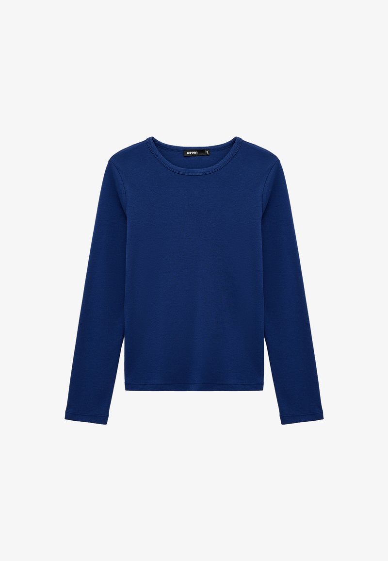Langsleeve marineblauwe shirt van een katoenmix, met een ronde halslijn, rechte zoom en een gladde, effen textuur.