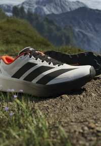 Chaussures de trail blanches et noires avec intérieur orange sur un sentier rocheux, une colline herbeuse et des montagnes en arrière-plan.