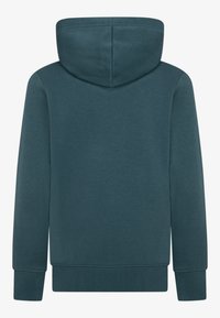 Bluza z kapturem w ciemnym odcieniu teal. Wykonana z miękkiego materiału, ma długie rękawy, kieszeń kangurzą oraz ściągacze przy mankietach i u dołu.