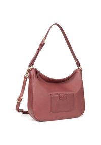 Borsa a spalla in pelle di un profondo bordeaux con texture liscia, forma curva, tracolla regolabile e tasca frontale. Finiture in metallo dorato.