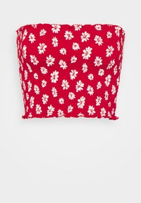 Červený top bez ramínek s krátkým střihem a smockovanou texturou, s bílým květinovým vzorem sedmikrásky, s volány na horním a dolním lemu.