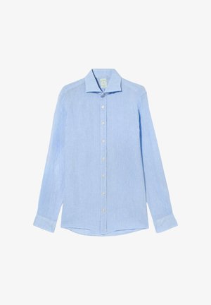 Helle blaue Langarmbluse aus strukturiertem Stoff, mit Kragen und durchgehender Knopfleiste mit weißen Knöpfen, geschwundetem Saum.