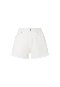 Shorts in denim bianco con vita alta, orlo sfrangiato e dettagli perforati simili a pizzo sui lati. Presentano una chiusura con bottone metallico.