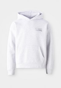 Gray hoodie made from soft fabric, featuring a kangaroo pocket, ribbed cuffs, an adjustable hood, and a logo on the chest.