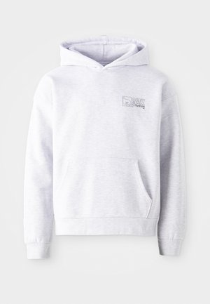 Gray hoodie made from soft fabric, featuring a kangaroo pocket, ribbed cuffs, an adjustable hood, and a logo on the chest.
