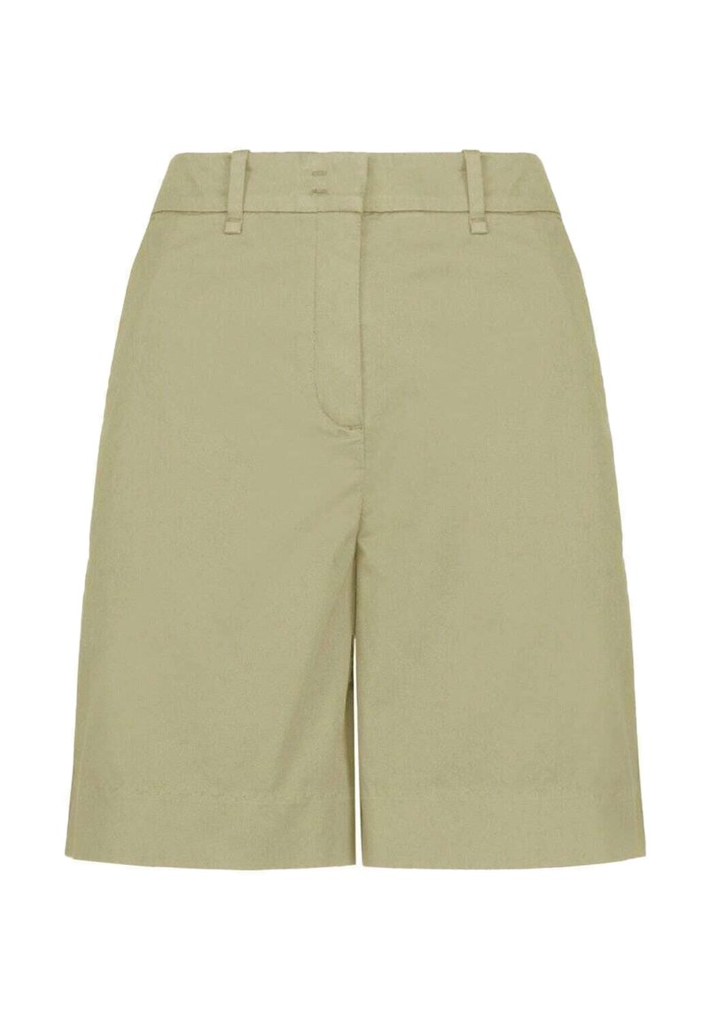 Pantaloni corti alla lunghezza del ginocchio in tessuto verde chiaro, con davanti piatto, passanti per la cintura e due tasche laterali verticali. Superficie liscia e non testurizzata.