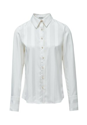 Wit gestreept shirt met lange mouwen gemaakt van gladde stof, voorzien van een knoopsluiting aan de voorkant en een klassieke kraag, met subtiele manchetdetails.