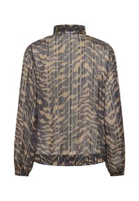 Chaqueta translúcida en taupe y negro con un patrón de cebra ondulado, mangas largas, cuello alto y dobladillo fruncido para un ajuste ceñido.