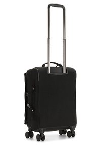 Black rolling suitcase with a telescopic handle, smooth edges, four spinner wheels, and subtle texture. Features zipper closures and side pockets.