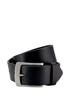 Cinturón de cuero negro enrollado, con una hebilla rectangular de metal plateado y un lazo para el cinturón, exhibido sobre un fondo blanco.