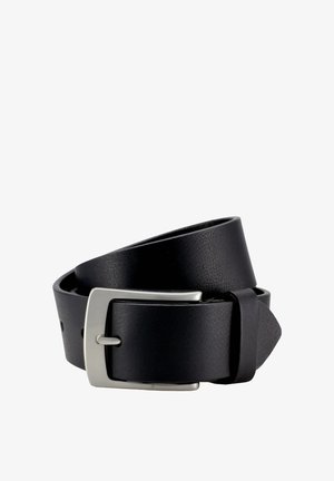 Cinturón de cuero negro enrollado, con una hebilla rectangular de metal plateado y un lazo para el cinturón, exhibido sobre un fondo blanco.