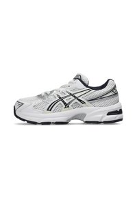 White athletic shoe with mesh upper, black and silver accents, textured sole, and reinforced toe cap. Lightweight design for comfort.