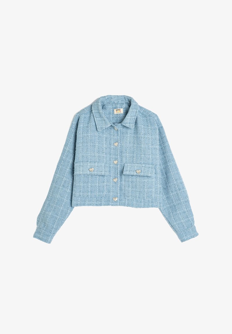 Blaue, verkürzte Jacke aus strukturiertem Stoff, mit einer Knopfleiste, zwei vorderen Taschen und herzförmigen Knöpfen. Mit langen Ärmeln.