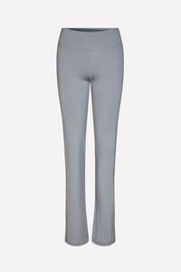 Gray stretch leggings with a mid-rise waistband, fitted design, and flared bottoms. Smooth texture and minimal stitching details.