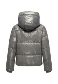Chaqueta gris acolchada con un acabado brillante, capucha y puños acanalados. Presenta costuras horizontales y un diseño recortado. Vista trasera.