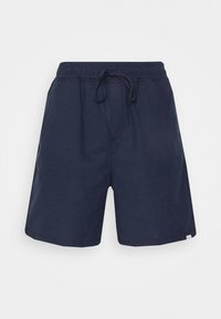 Pantalones cortos azul marino de tela texturizada, con cintura ajustable mediante cordón y bolsillos laterales para mayor funcionalidad.