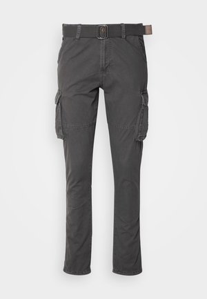 Pilkos spalvos krovinių kelnės su tiesia pjaustymo forma, turinčios tekstūruotą audinį, diržo kilpas, priekinės kišenes ir šonines krovinių kišenes.