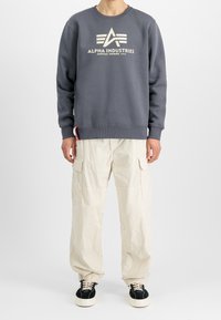 Sweat-shirt gris avec logo blanc « Alpha Industries », associé à un pantalon cargo beige clair et des baskets noires à semelles blanches.