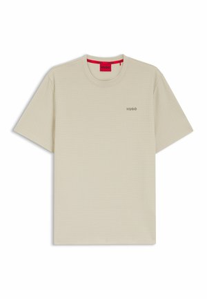 Beige waffle-knit short-sleeve T-shirt with round neck and small "HUGO" logo on the left chest.
